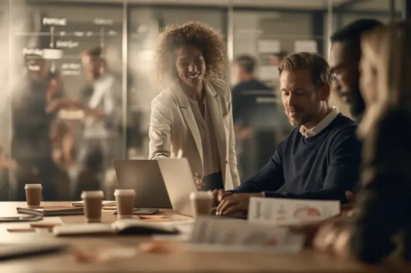 Colleagues discussing their work beside a laptop